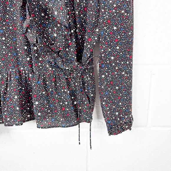 Madewell‎ Silk Wrap Blouse Womens Small Black Star Print Ruffle - Picture 7 of 10